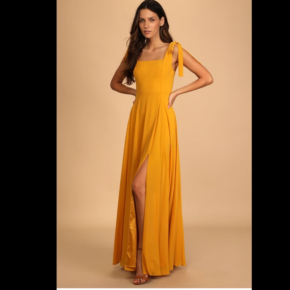 Love Me Forever Mustard Yellow Tie-Strap Square Neck Maxi Dress